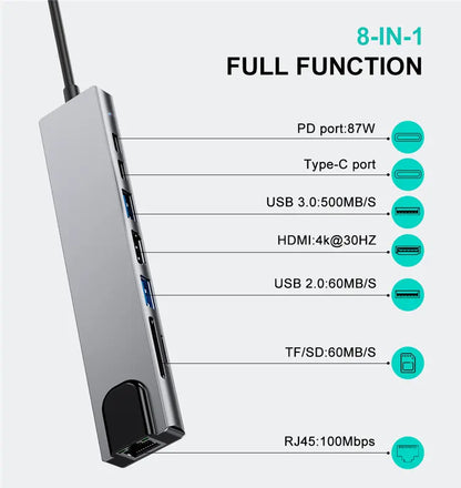 Dapteri 8-In-1, 4K, Microsd Usb-C/ Hdmi-Sovitin, Max 15W, 4.5V, 3A Adapteri - Dapteri