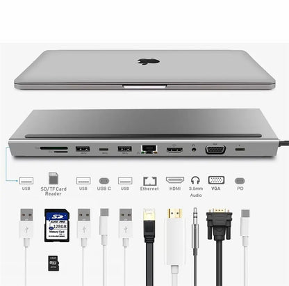 11 In 1 Type-C Hub-Sovitin Usb Type C - Hdmi Vga Audio Pd-Kortinlukija Rj45 - Dapteri