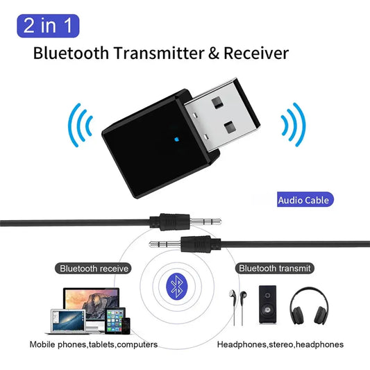 USB Bluetooth 5.0 Receiver Transmitter 2 In 1 RX TX Car Kit Stereo Music 3.5mm AUX Audio - Dapteri