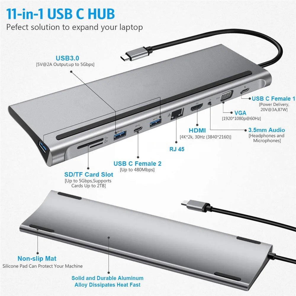 Dapteri 11 In 1 Type-C Hub-Sovitin Usb Type C - Hdmi Vga Audio Pd-Kortinlukija Rj45 - Dapteri